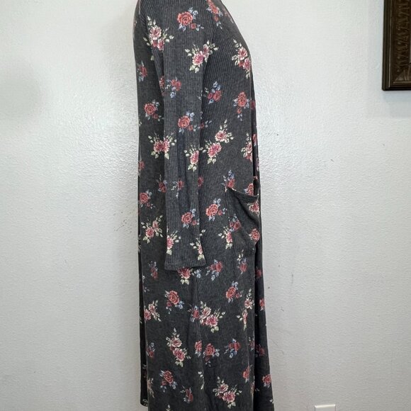 LuLaRoe Sarah Duster Cardigan Size S Small Gray Multicolor Floral Print Ribbed - Picture 4 of 6